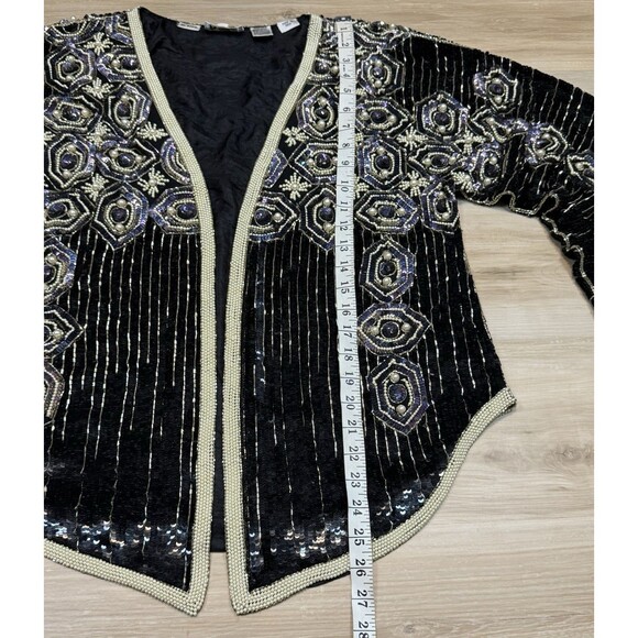 Vtg Oleg Cassini Sparkly Beaded Sequin Jacket Embellished Pearls Open Front Sz L - Picture 14 of 16